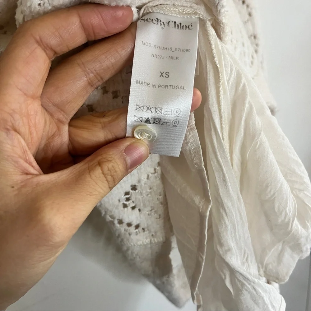 See by Chloe Cream Crochet Knit High Neck Victorian Style Long Sleeve Blouse - Picture 9 of 9